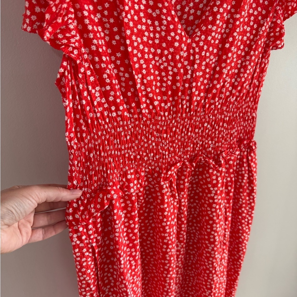 Rebecca Taylor Silk Blend Red Ditsy Floral Smocked Waist Mini Dress - Medium - Picture 4 of 8